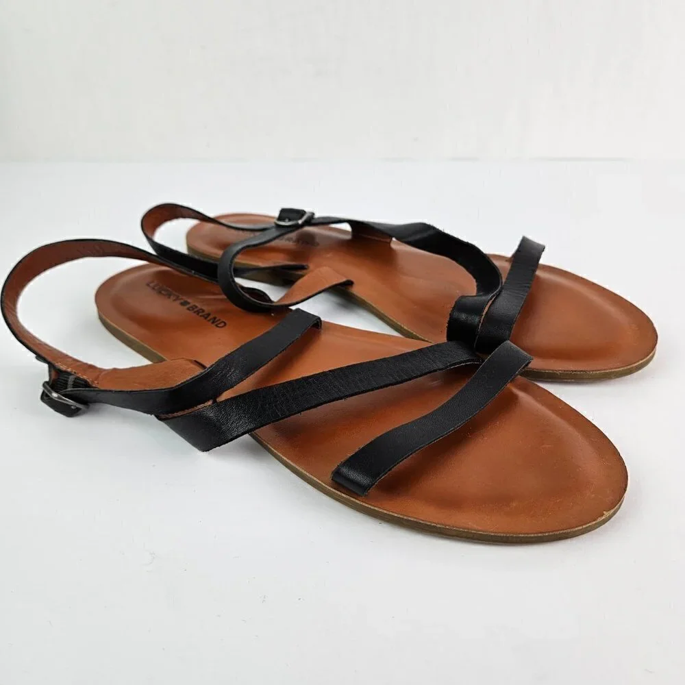 Lucky Brand Alexcia Black Leather Strappy Flat Sandal 11